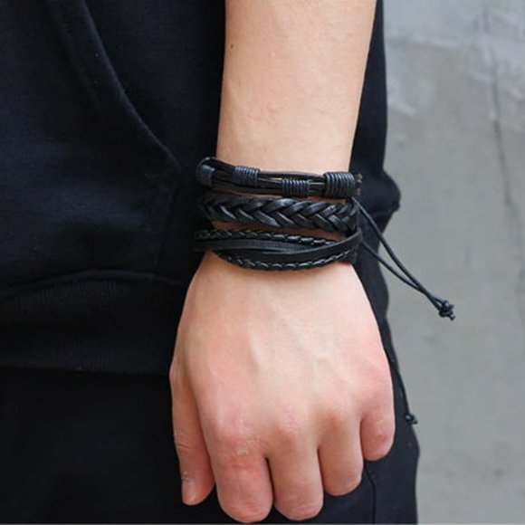 6pcs Men's Multilayer Leather Bracelet (Black) - Picture 4 of 5